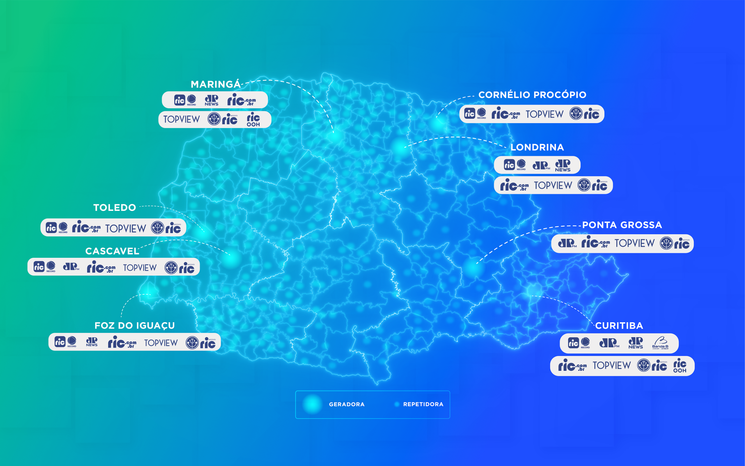 Mapa do Paraná com pontos do Grupo Ric